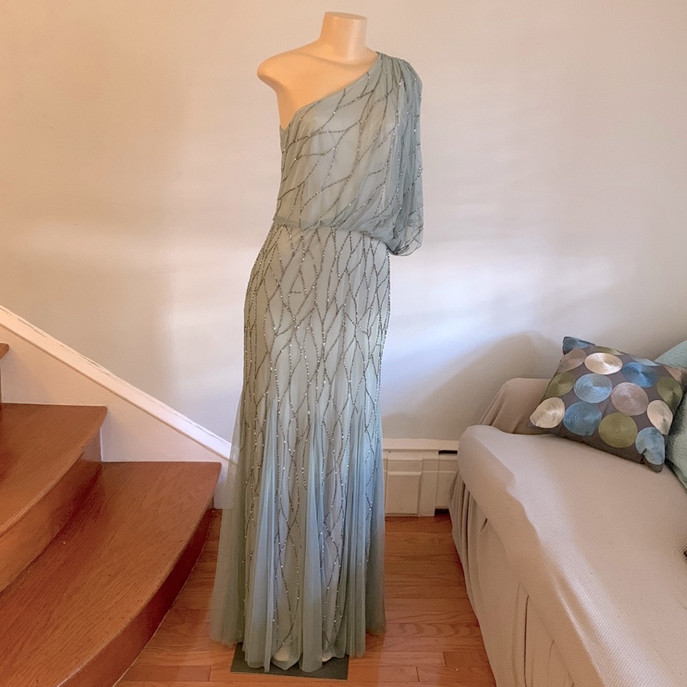 •Adrianna Papell• Gatsby inspired one sleeve, greenish/grey, beaded gown